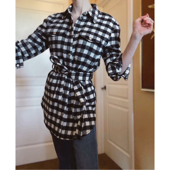 & OTHER STORIES NEW Black White Gingham Check Belted Italian Wool Shacket Jacket - Picture 16 of 17
